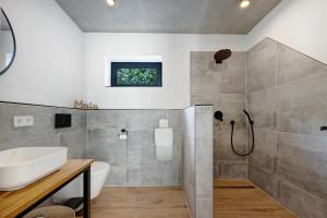 a bathroom with a sink and a toilet and a shower at Studio mt nine in Neu Wulmstorf +18 photos