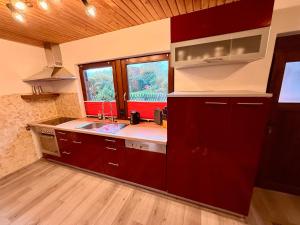 a kitchen with red cabinets and a sink at Alte Schmiede in Melzow