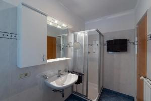 a bathroom with a sink and a shower and a mirror at Florianshof in Tesimo