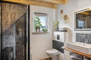 a bathroom with a shower and a toilet and a sink at Urlaub im Garten Gottes in Klosterlangheim +18 photos
