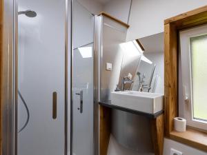 a bathroom with a sink and a shower at La Cafoutche Tiny in Gommenecʼh