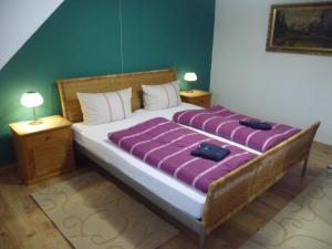 a bedroom with a large bed with purple sheets at Ferienhaus Elfi Mit 85qm in Eisenbach
