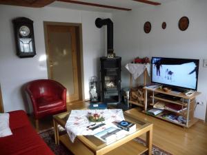 a living room with a red couch and a television at Ferienhaus Elfi Mit 85qm in Eisenbach
