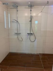 a shower with two shower heads and a glass door at Fewo Eckernförde mit Meerblick in Eckernförde +12 photos