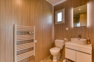 a bathroom with a toilet and a sink and a mirror at Maison Greenkub in Générac +22 photos