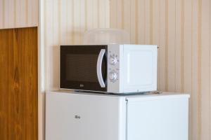 a microwave oven sitting on top of a refrigerator at Studio vue mer - 50m de la plage in Bénodet