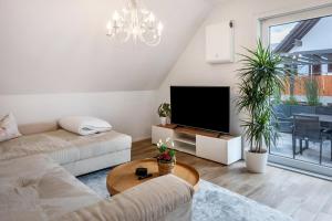 a living room with a couch and a tv at Fewo Ebringen Weinbergblick in Ebringen