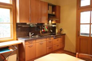 a kitchen with wooden cabinets and a sink at Haus Tanegg in Innsbruck +8 photos
