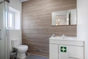 a bathroom with a toilet and a sink and a mirror at Casa Davó in Leiria +24 photos