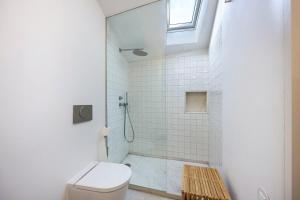 a bathroom with a shower with a toilet and a window at Olinda House in Odeceixe +20 photos