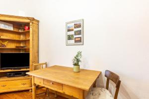 a dining room table with a potted plant on it at Apartment zur alten Post in Ulrichstein