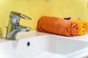 a towel sitting on a sink next to a faucet at Ferienhaus Brigitte in Hornberg +23 photos