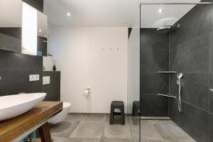 a bathroom with a glass shower and a sink at Goldbecker in Gaienhofen +13 photos