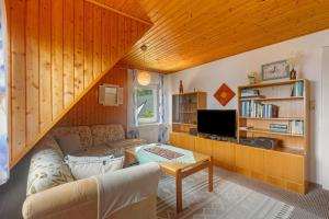 a living room with a couch and a tv at Ferienwohnung Schloss-See-Bergblick in Waldeck