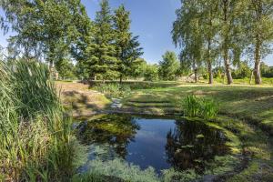 a pond in a park with trees and grass at Landhaus Heiddorf in Neu Kaliß