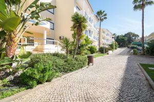 a cobblestone street in front of a building with palm trees at Bosque São José Ag in Olhos de Água