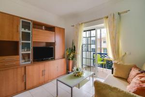 a living room with a couch and a tv at Bosque São José Ag in Olhos de Água