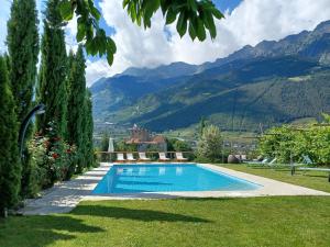 a swimming pool in a garden with mountains in the background at Moosbichlerhof in Marlengo