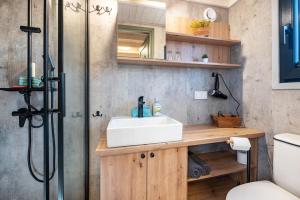 ein Badezimmer mit Waschbecken und Dusche in der Unterkunft Tiny House Ingo John 'Shadow' in Sandstedt