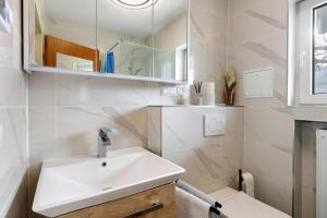 a bathroom with a sink and a mirror at Ferienwohnung Markelfingen in Radolfzell am Bodensee +44 photos