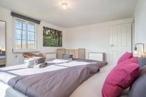 two beds in a white room with pink pillows at Ferienwohnung am Hopfengarten in Tettnang