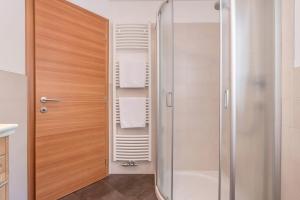 a bathroom with a shower and a glass door at App Ringelblume Biohof Unterspisser in Laion +24 photos