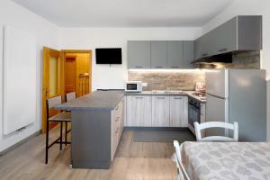a kitchen with a refrigerator and a counter top at Appartamento Primavera 2 in Moena