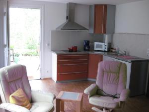 a kitchen with two chairs and a table and a microwave at Ferienwohnung Schwahn in Kleinschönach