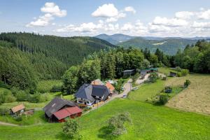 an aerial view of a house in the mountains at Ferien auf der Fleischdielte in Mühlenbach