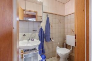 a small bathroom with a toilet and a sink at Ferienwohnung Thelen in Wallbach +21 photos