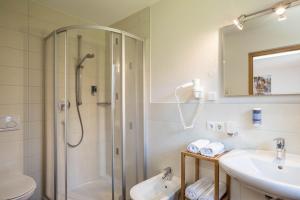 a bathroom with a shower and a sink and a toilet at Apartment Alpenrose - Mesnerhof in Campo Tures +15 photos