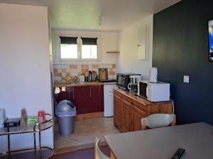 a small kitchen with a counter and a microwave at Le paradis de Marie in Treignac