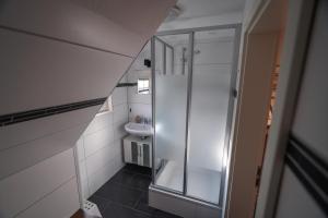 a small bathroom with a shower and a sink at Jachthuus mit Anbau in Brilon +37 photos