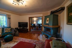 a living room with a green fireplace and a living room at Jachthuus mit Anbau in Brilon