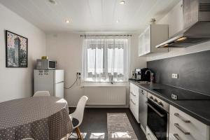 a kitchen with a table and a refrigerator at Ferienwohnung Drachenstein in Weinheim