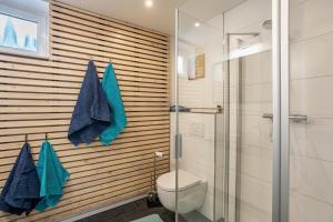 a bathroom with a toilet and a glass shower at Ferienwohnung Drachenstein in Weinheim +17 photos