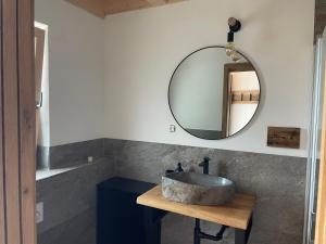 a bathroom with a sink and a mirror at Ferienwohnung 'dahoimelig' in Friesenried +12 photos