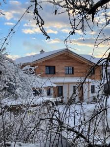 a house in the snow in front at Ferienwohnung 'dahoimelig' in Friesenried