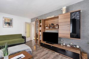 a living room with a large television and a couch at Ferienwohnung Zum Hasen in Meschede
