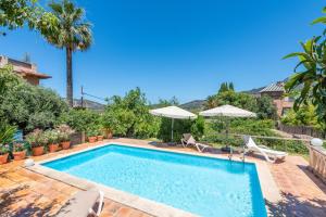 a pool with chairs and umbrellas in a yard at Sa Teulera Soller in Sóller