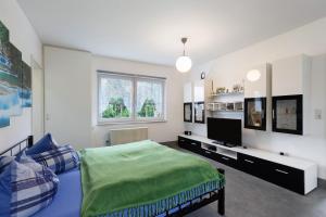 a bedroom with a bed and a flat screen tv at Ferienhaus Günther in Werder +11 photos