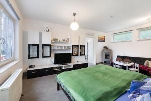 a bedroom with a bed and a flat screen tv at Ferienhaus Günther in Werder