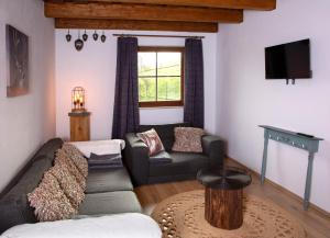 a living room with a couch and a tv at Die Bartlmühle in Windorf