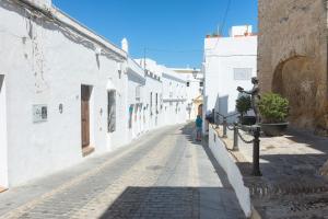 a person walking down a street with white buildings at Apartamento Geranio in Vejer de la Frontera