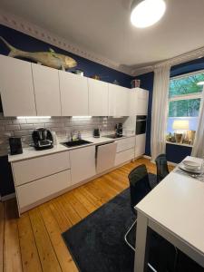 a kitchen with white cabinets and a blue wall at Stylischer Altbau im Zentrum in Kiel