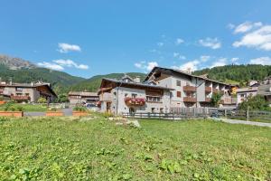 a group of houses in a village with a green field at Chalet Sambor in Oga