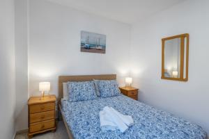 a bedroom with a bed with a blue comforter and a mirror at Brisa de mar in Puerto Naos