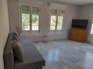 ein Wohnzimmer mit Sofa und Flachbildfernseher in der Unterkunft Ático Bulevar in Macael