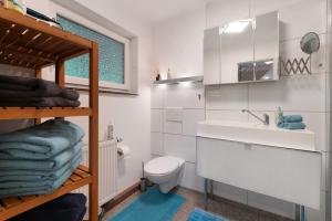 a bathroom with a sink and a toilet and a mirror at Haus Ruheplatzerl in Ruhpolding +25 photos