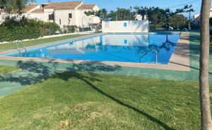 a swimming pool in a yard with a palm tree at Las fuentes in Alcossebre
